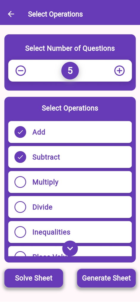 Workbook Generator - Selecting math operations and question count in Workbook Generator.