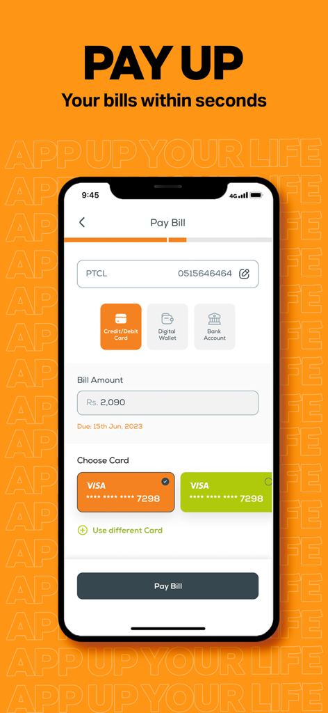 UPTCL- App Up Your Life! - UPTCL app interface showing the bill payment screen for PTCL services with credit card options.