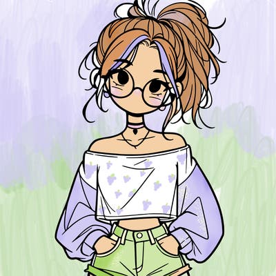 girl with a messy ponytail glasses a baggy crop top and jean shorts