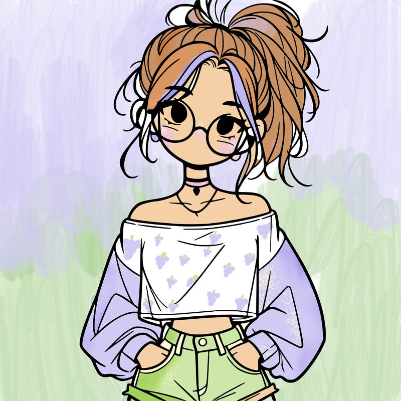 girl with a messy ponytail glasses a baggy crop top and jean shorts