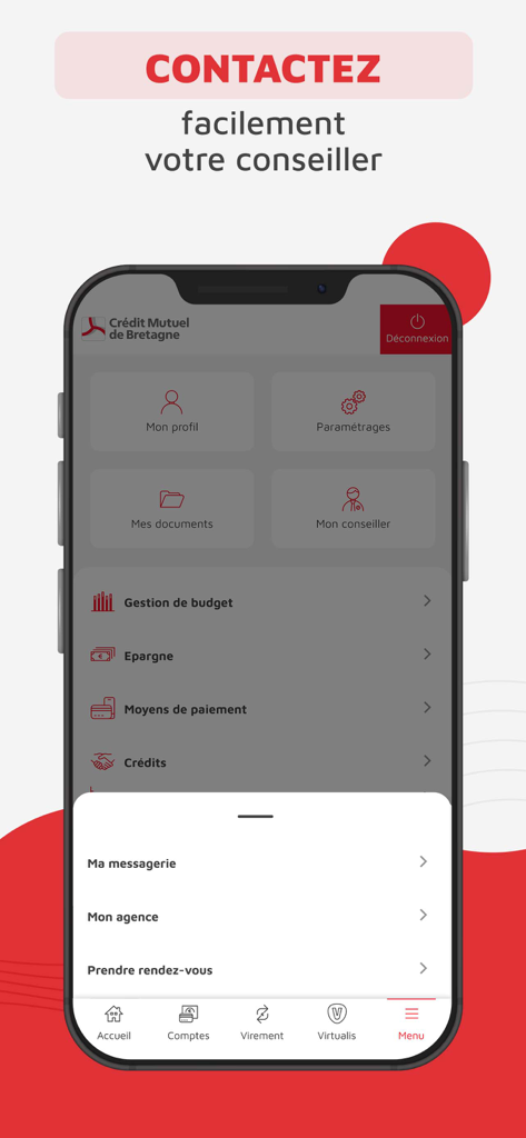 CMB suivi de compte et budget - Screenshot of the CMB mobile app interface showing options to contact a bank advisor through messaging or booking an appointment