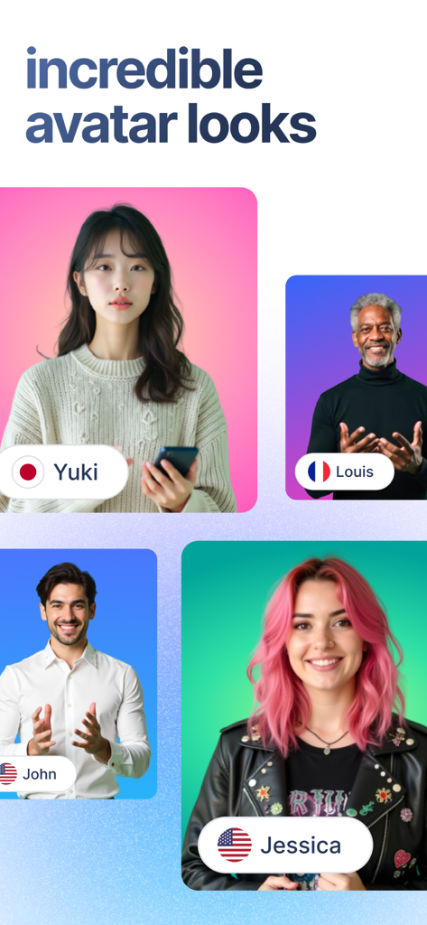 BIGVU Teleprompter Captions AI - Muestra de diversos avatares profesionales de IA que representan diferentes perfiles globales para la creación de videos