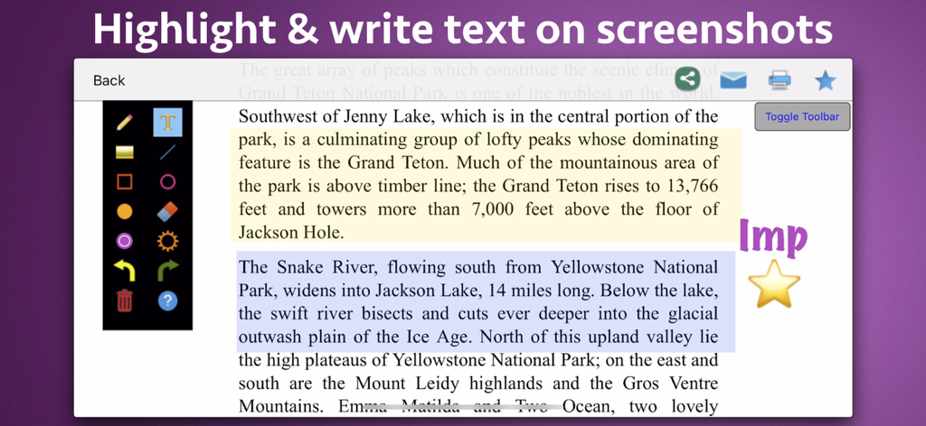 Photo Markup - Draw & Annotate - Screenshot of Photo Markup app showing text highlighted in yellow and blue with a handwritten note