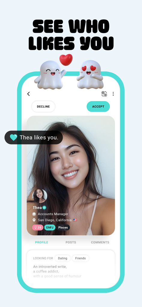Boo — Dating. Friends. Chat. - Interfaz de la aplicación Boo que muestra un perfil con etiquetas de personalidad y una notificación de un nuevo 'me gusta'.