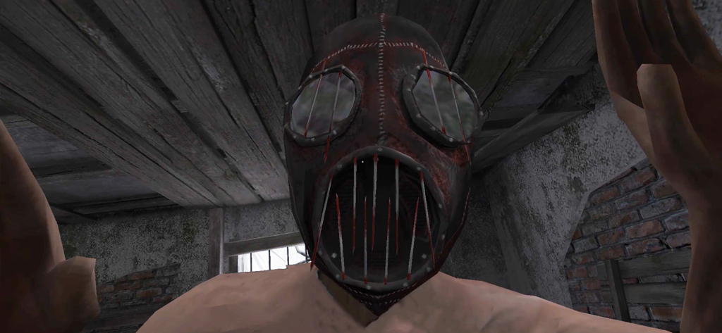 First-person view of a scary masked maniac in a dark attic from Metel Horror Escape