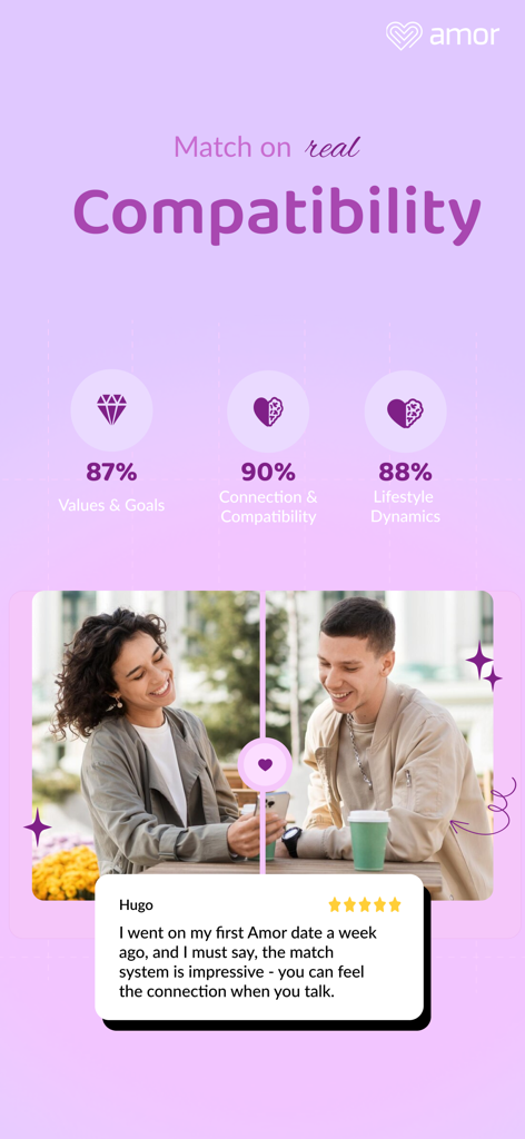 Amor Dating & Matchmaking - A screenshot of Amor Dating app showing compatibility scores for values, goals, and lifestyle, along with a positive user testimonial.