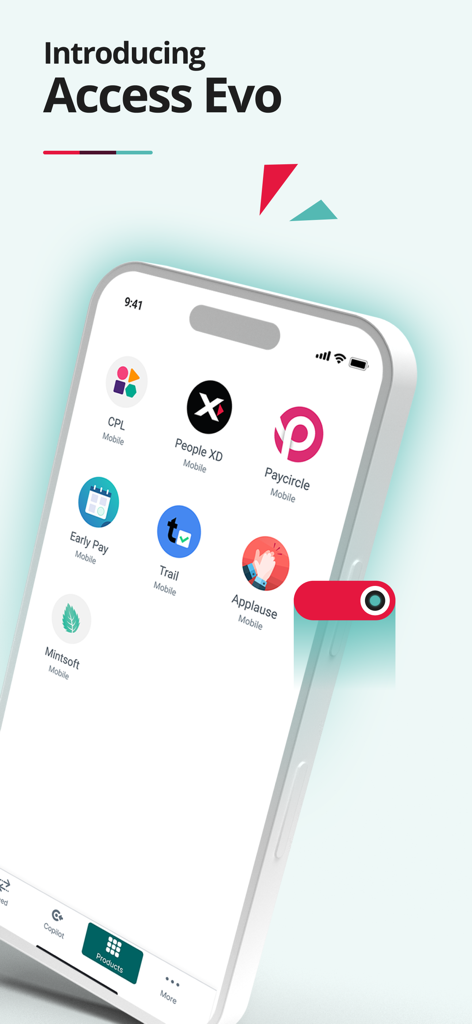 Access Evo - A smartphone displaying the Access Evo app screen featuring various integrated corporate modules such as HR, payroll, and finance applications