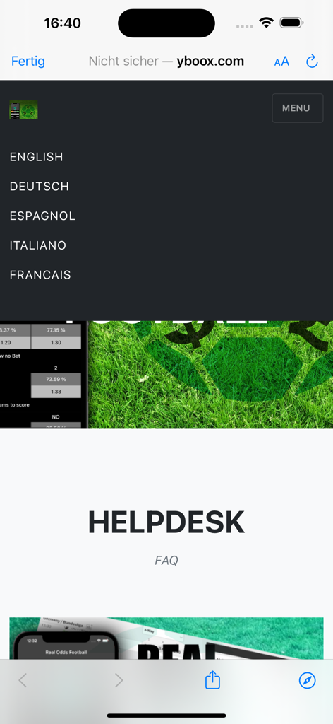 Captura de pantalla del sitio web de Real Odds Football que muestra el menú de selección de varios idiomas y la sección de preguntas frecuentes del centro de ayuda.