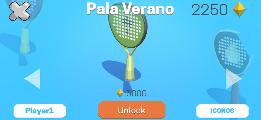 Pantalla del juego Padel Clash que muestra la opción de desbloquear la raqueta Pala Verano