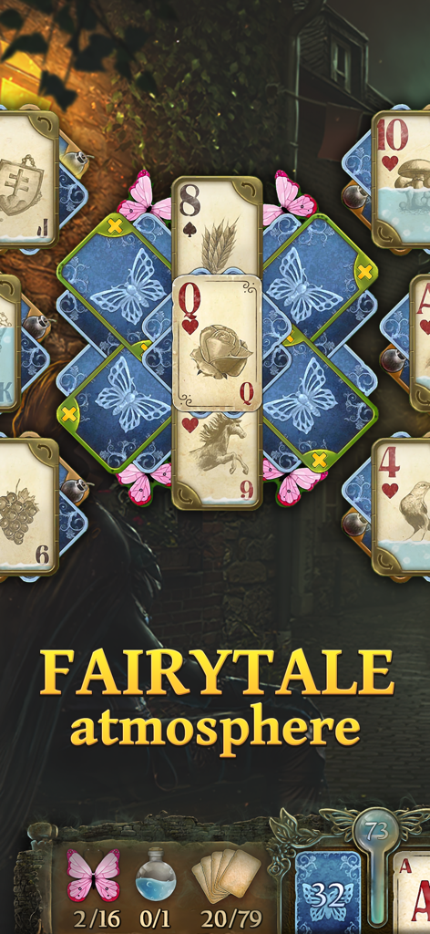 Solitaire Fairytale Game - A solitaire card game screen with a fairytale atmosphere featuring butterfly decorations and elegant card illustrations