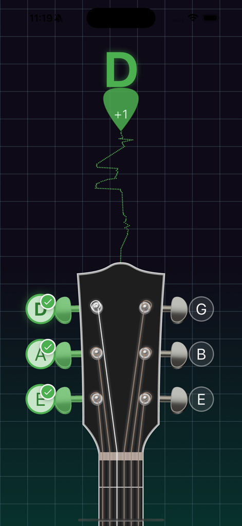 Guitar Tuner - 6 strings - Interface of a guitar tuner app showing a guitar headstock with strings E, A, and D correctly tuned as indicated by green checkmarks.