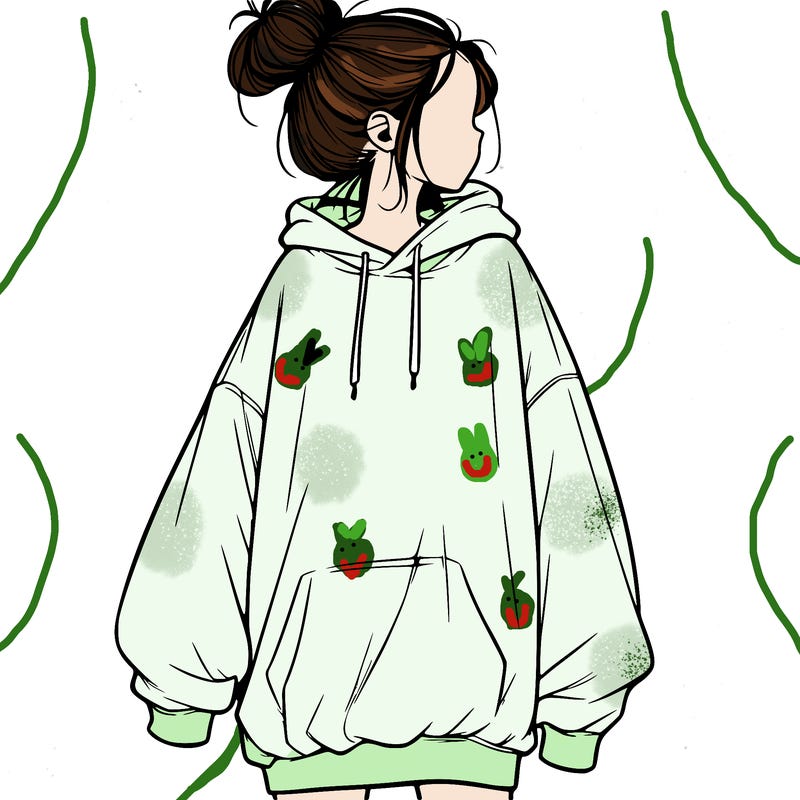 realistic girl with a oversized sweatshirt on and a bun