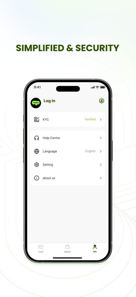 TevauPay - Pantalla de perfil de la aplicación móvil TevauPay que muestra el estado verificado de KYC y la configuración de seguridad