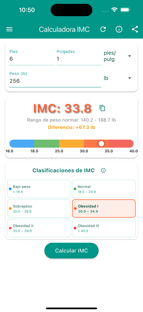 Calculadora IMC+ - Interfaz de la app Calculadora IMC+ mostrando un resultado de índice de masa corporal y un gráfico de clasificación de peso codificado por colores en español.