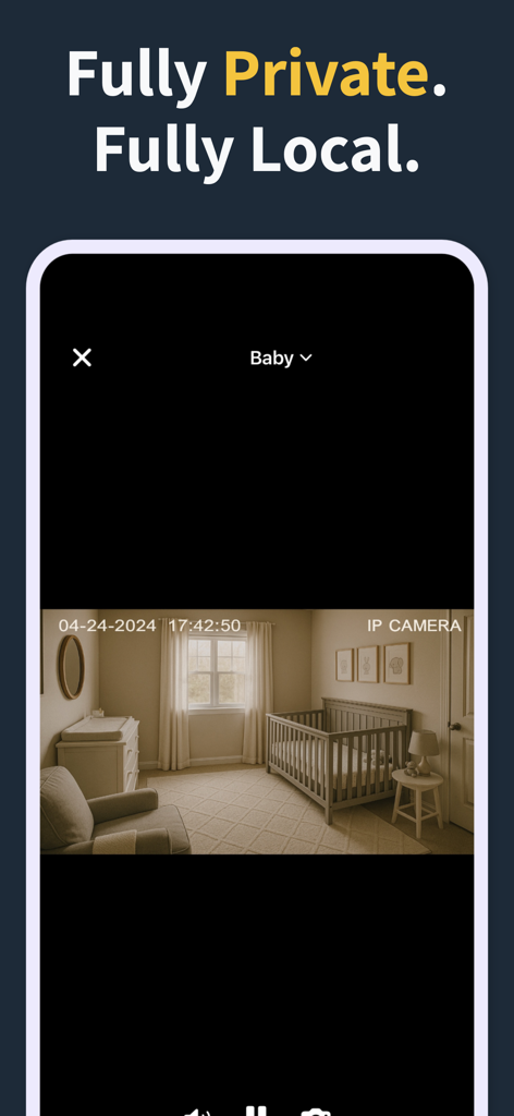 IP Camera Viewer & Monitor - IP Camera Viewer app showing a private local video feed of a baby nursery