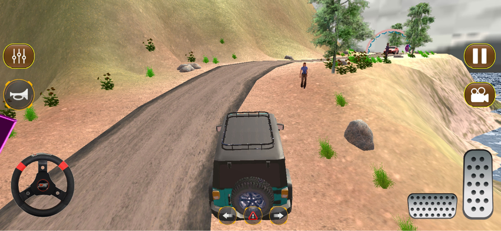 A teal SUV driving on a dirt mountain path in an off-road simulation mobile game.