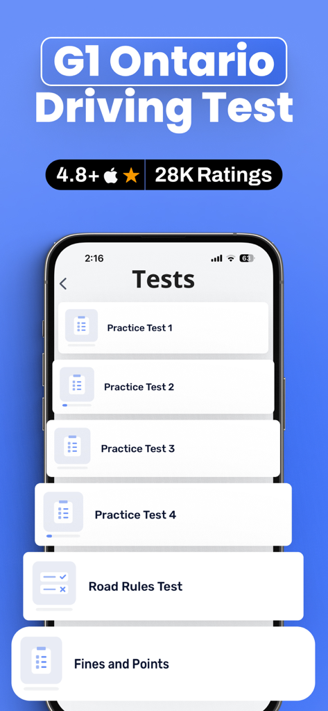 Capture d'écran de l'application G1 Ontario Driving Test affichant divers tests pratiques, y compris les règles de la route et les amendes