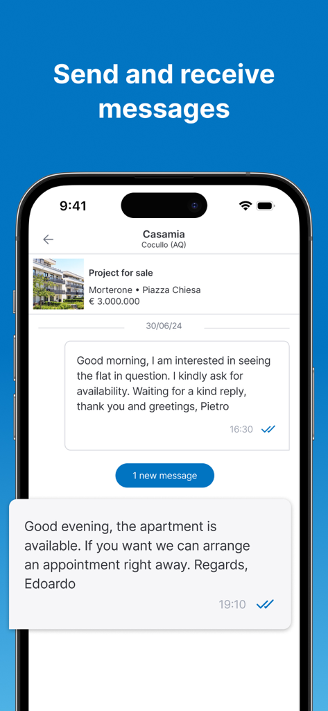 Interfaz de chat dentro de la app mostrando una conversación entre un buscador de propiedades y un agente inmobiliario sobre un anuncio de apartamento.