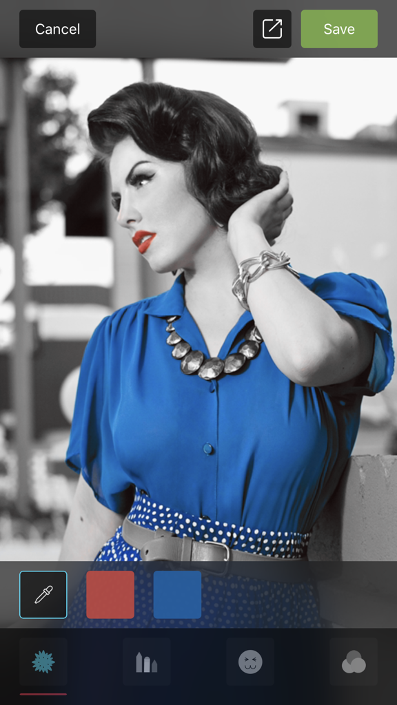 Color Accent - A screenshot of the Color Accent app showing a portrait with selective red and blue color accents on a black and white background