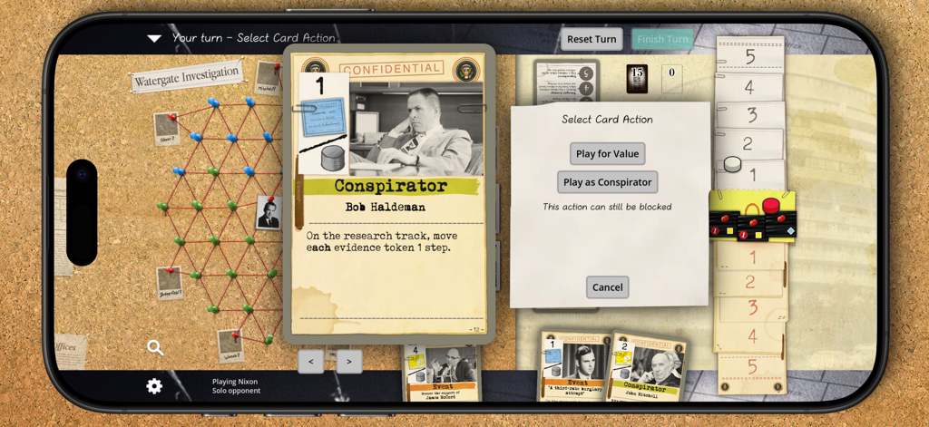 Digital board game gameplay showing the Conspirator Bob Haldeman card on a mobile screen
