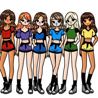 a group of girls wearing crop tops and shorts