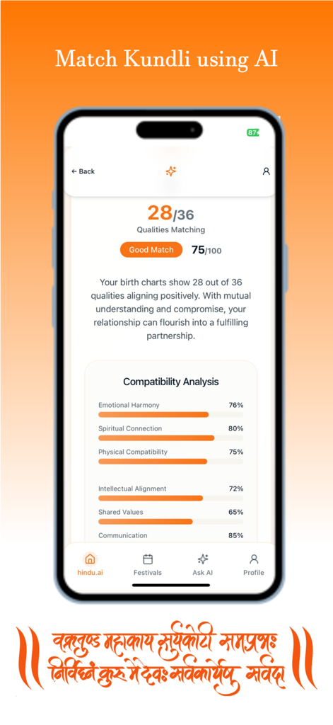 Hindu AI - Mobile app screen showing AI driven Kundli matching and compatibility analysis based on Vedic principles