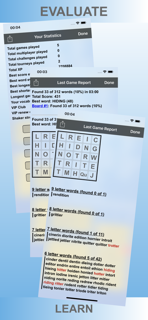 Word Shaker HD - Screenshots of Word Shaker HD showing player statistics and a detailed word search game report with found and missed words