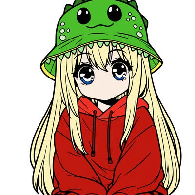girl with anime shaped eyes with a dinosaur bucket hat oversized sweatshirt long straight hair