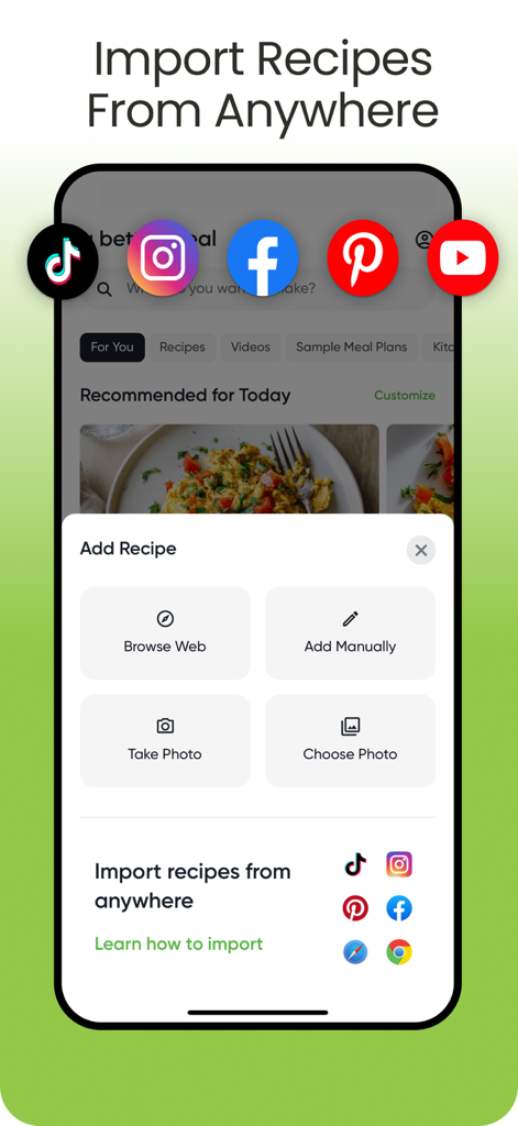 a better meal - Meal Planner - Interface do aplicativo A Better Meal mostrando opções para importar receitas de plataformas de mídia social como TikTok, Pinterest e Instagram.