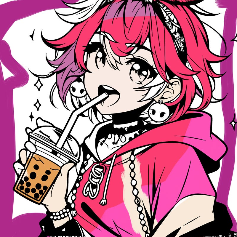 hot baddie anime girl drinking boba and biting the straw