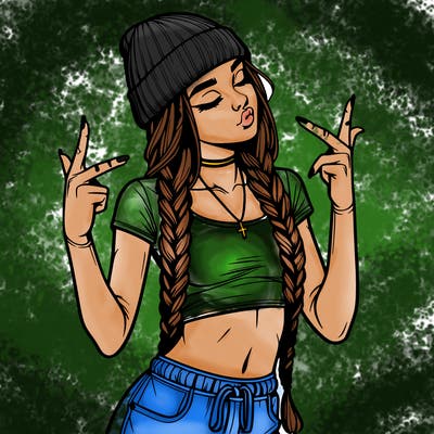 realistic teenage girl with braids and a beanie and crop top doing 🫶🏼