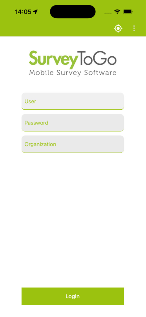 SurveyToGo New - Pantalla de inicio de sesión de la aplicación móvil de encuestas SurveyToGo que muestra campos para contraseña de usuario y organización