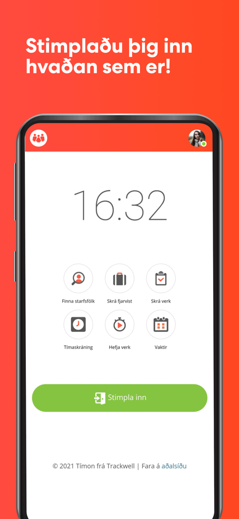 Tímon - Dashboard dell'app mobile Tímon che mostra il pulsante principale di registrazione presenze e funzionalità di gestione del personale come la registrazione delle attività e la pianificazione dei turni.