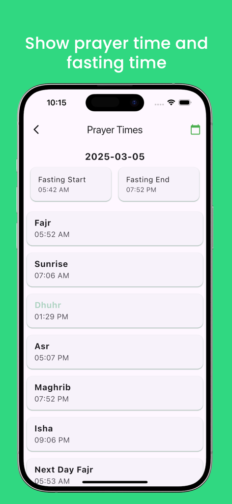 Quran App - English - Tela de aplicativo móvel exibindo horários de oração islâmicos e cronogramas de início e término de jejum
