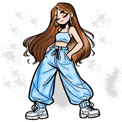 girl in baggy pants crop top and long hair