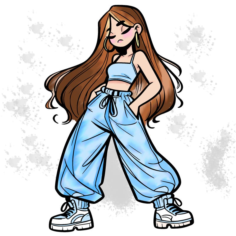 girl in baggy pants crop top and long hair
