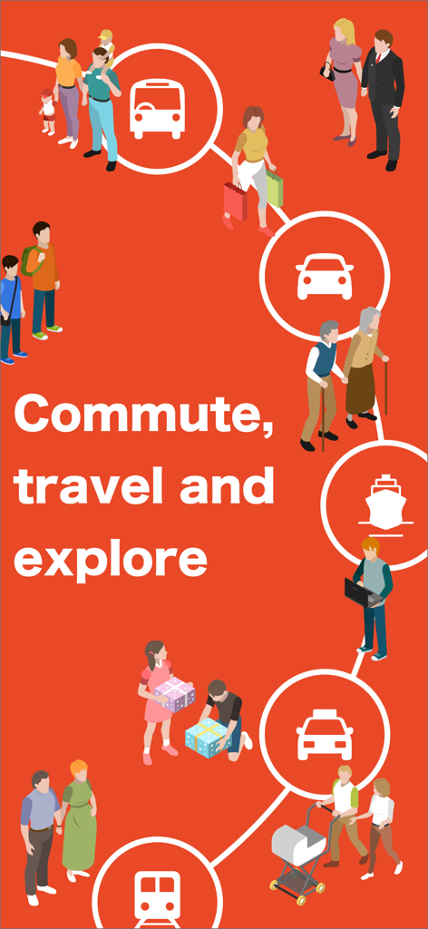 様々な交通アイコンと多様な人々を示すグラフィック。赤い背景にCommute travel exploreの文字