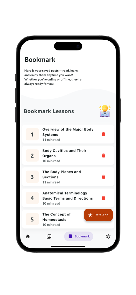 Learn Anatomy and Physiology - 解剖学と生理学アプリのブックマークレッスン画面。保存された学習トピックを表示。