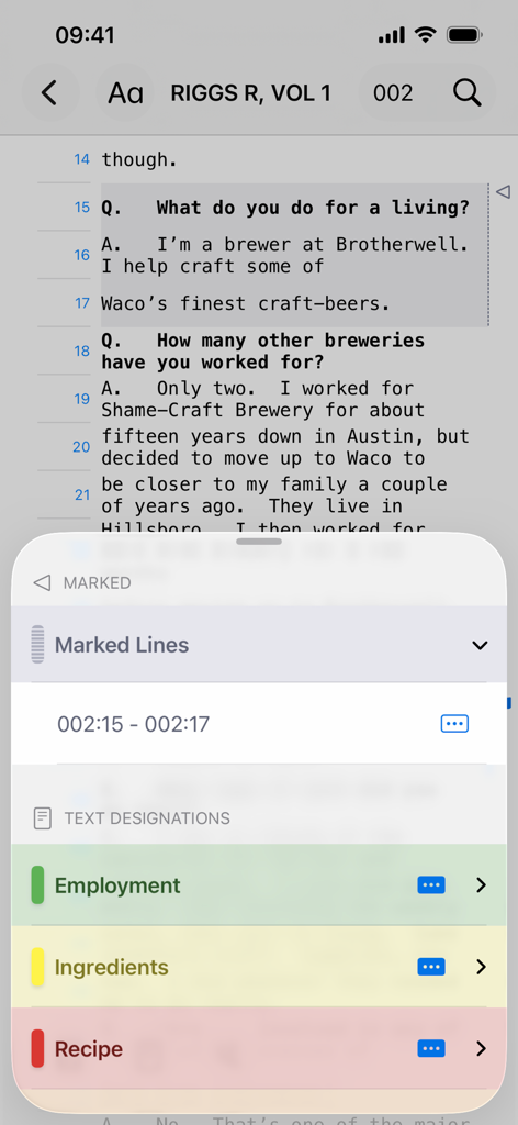 TranscriptPad - Review Depos - TranscriptPad iPhone interface showing legal transcript review with text designations and issue coding for employment and recipes.