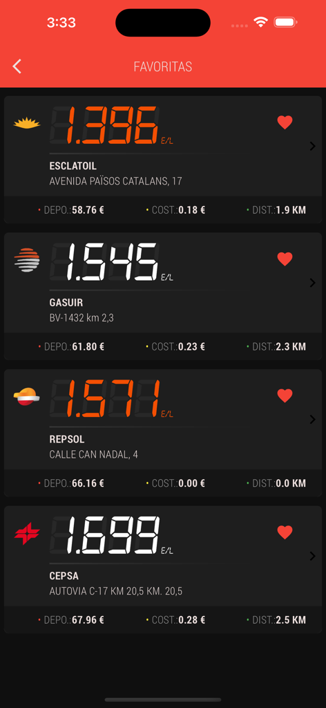 List of favorite gas stations with real-time fuel prices in the Gasolineras de España app
