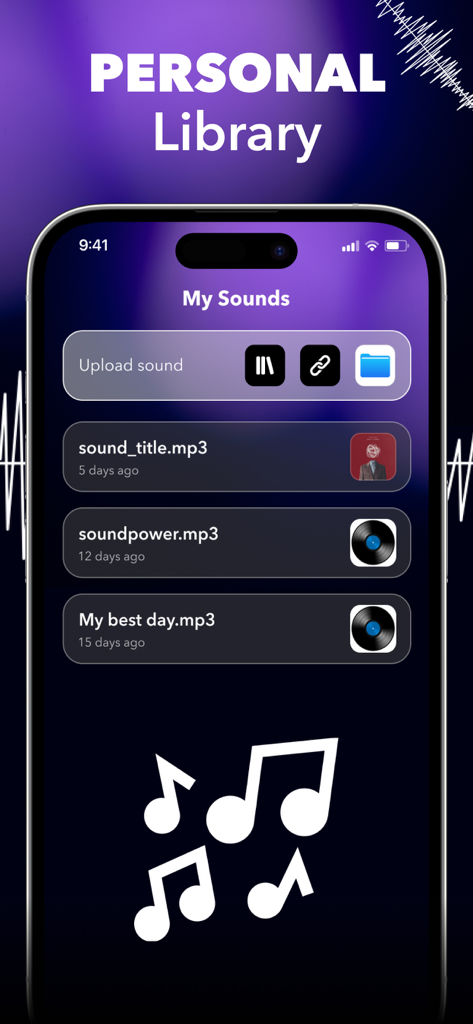 Bass Booster: Sound & Music EQ - Personal Library screen in the Bass Booster app showing options to upload and manage mp3 audio files