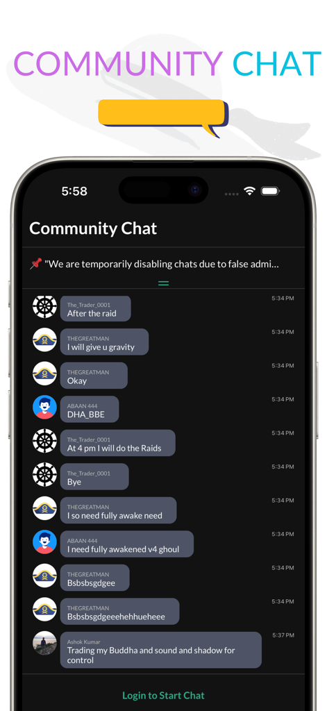 Blox Fruits Values Calculator - Uno screenshot mobile che mostra l'interfaccia della chat della community all'interno dell'app Calcolatore Valori Blox Fruits dove i giocatori discutono di scambi e raid