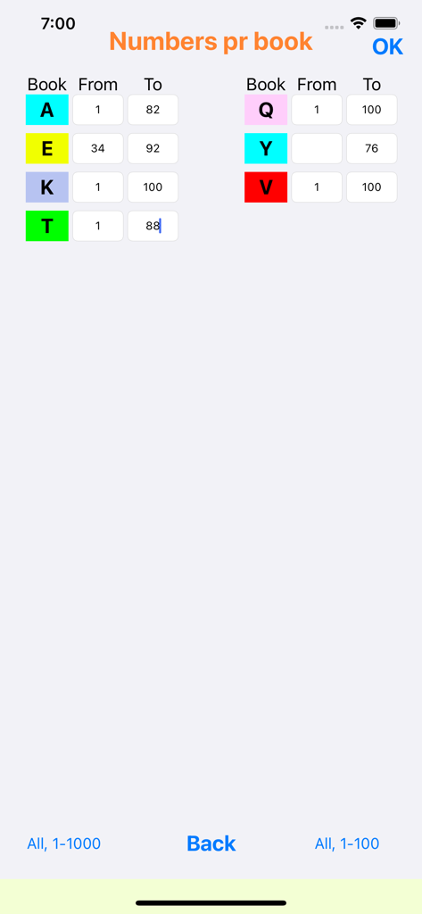 여러 색상의 복권 책에 대한 시작 및 종료 티켓 번호 설정을 위한 LotteryMaster 앱 인터페이스