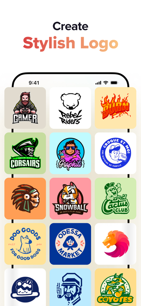 Fancy AI: AI Logo&Avatar Maker - A grid showcasing various AI generated logo designs including gaming mascots and business icons