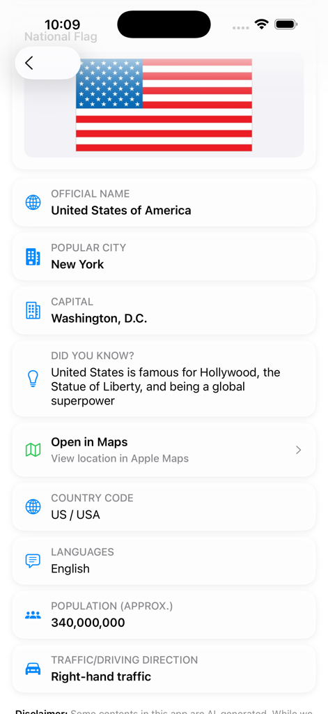 Learn Geography: AV Countries - Fatos e bandeira dos EUA na tela do aplicativo Aprenda Geografia.
