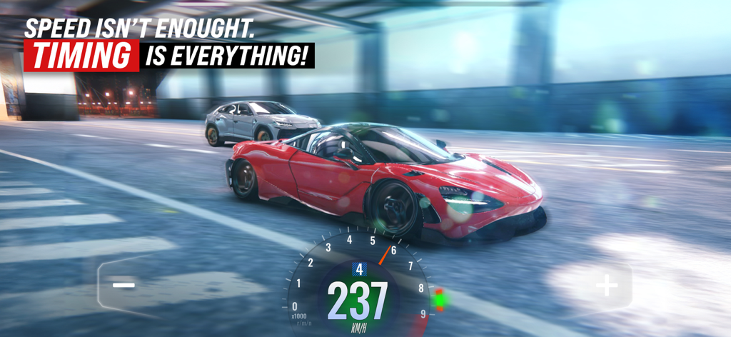 TDZ X: Traffic Driving Zone - Un'auto sportiva rossa e un SUV bianco gareggiano in accelerazione su una strada cittadina di notte con un tachimetro ad alta velocità e un indicatore del cambio marcia.