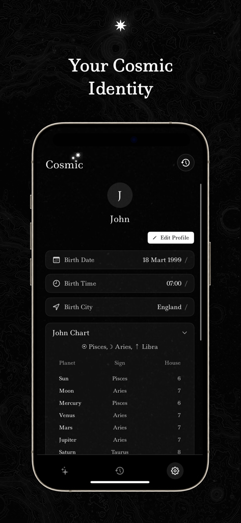 Astrology birth chart and user profile screen in the Cosmic app
