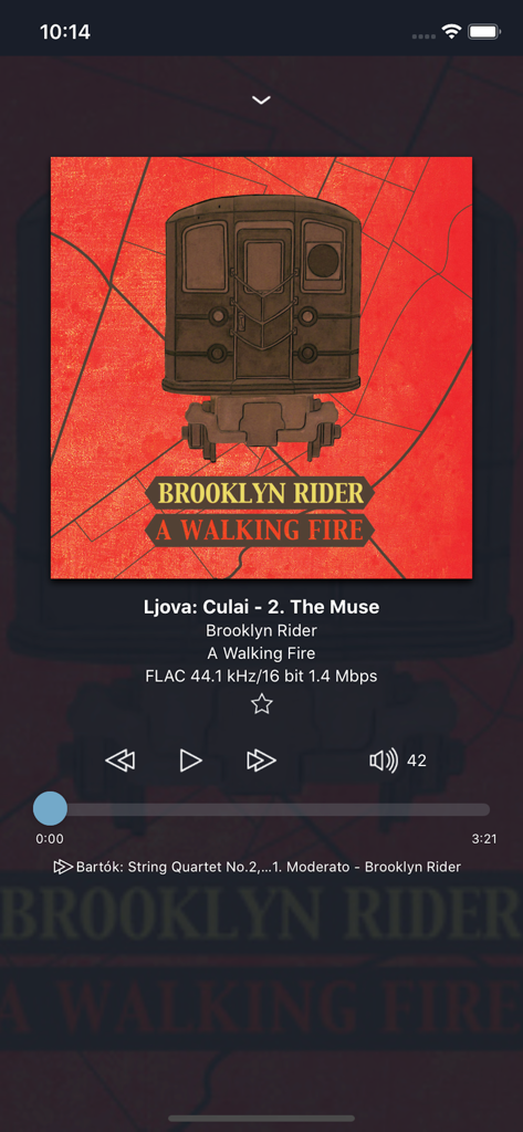 Linn Kazoo app now playing interface displaying album art and high fidelity FLAC audio specs