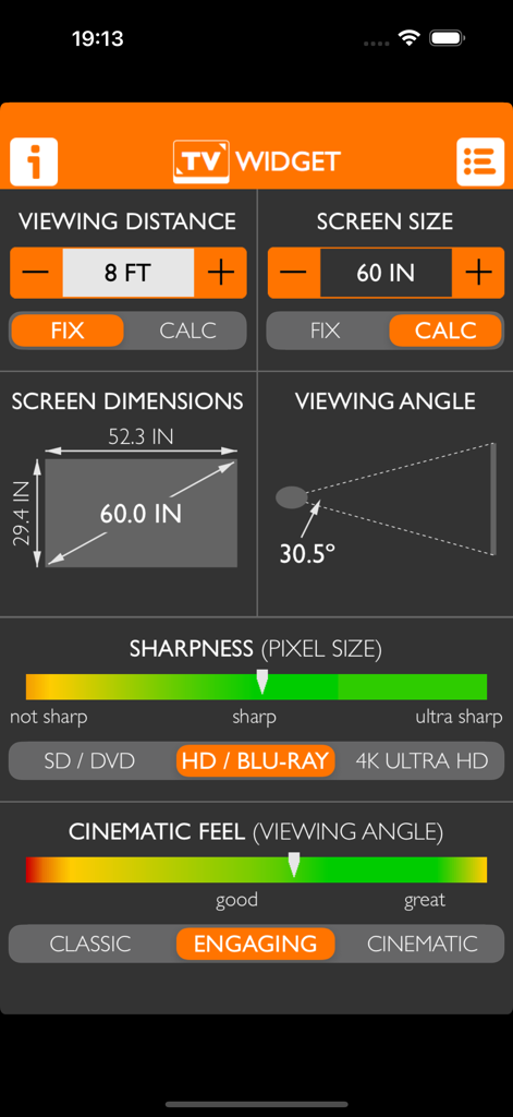 TV Widget + - Interfaz de la aplicación TV Widget mostrando cálculos para un tamaño de pantalla de 60 pulgadas a 8 pies de distancia de visualización con medidores de nitidez y sensación cinematográfica.