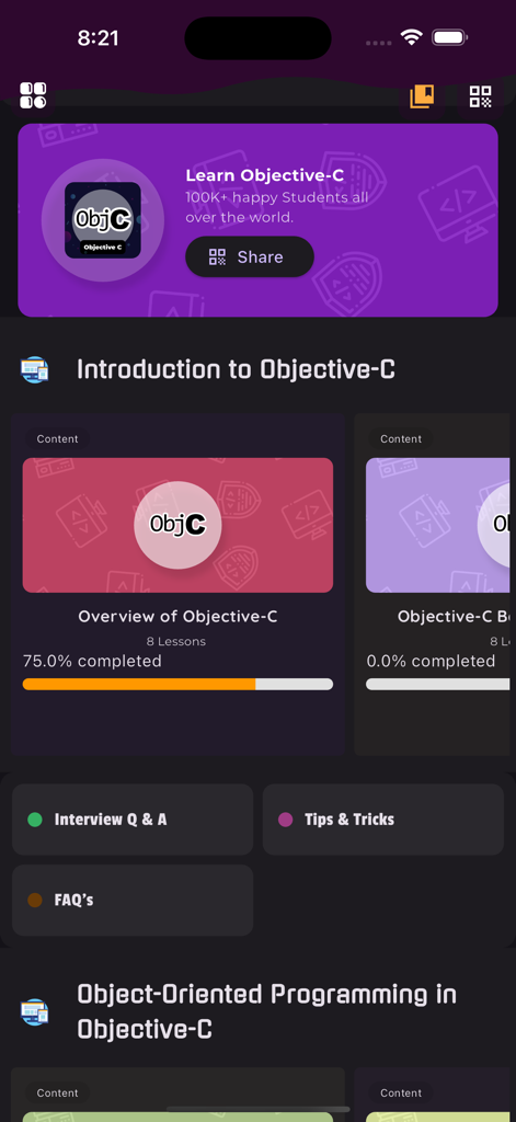Learn Objective C Programming - Dashboard einer Objective-C-Programmierlern-App, die Kursfortschritt und Interviewfragen anzeigt